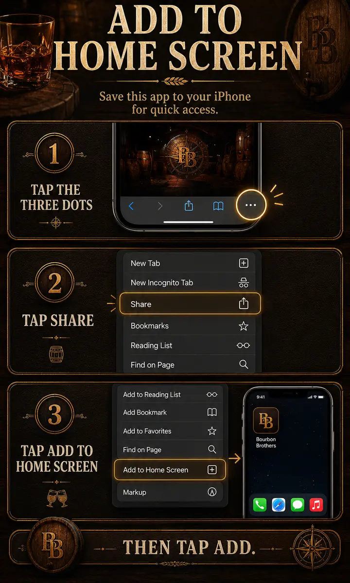 Add to Home Screen: tap the browser menu, tap Share, tap Add to Home Screen, then tap Add.
