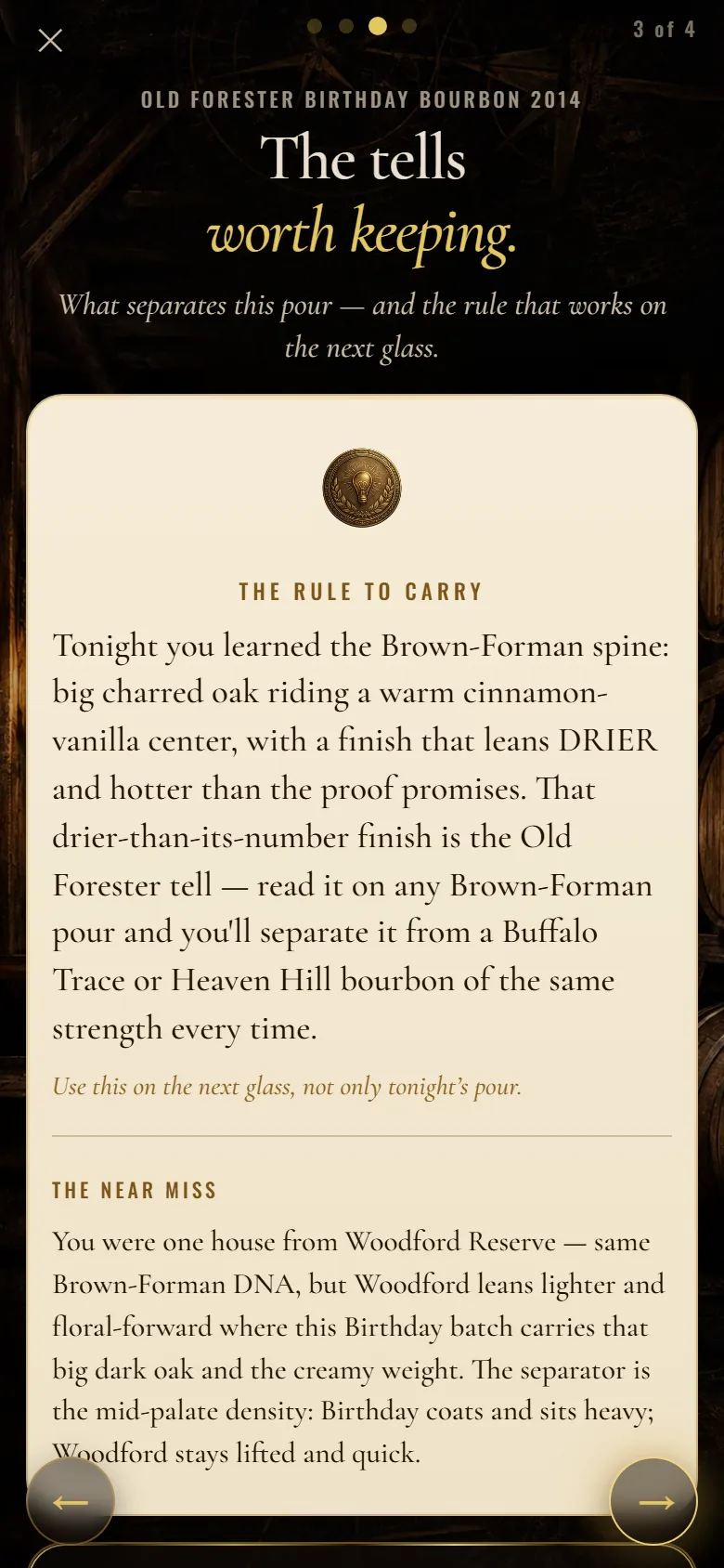 The same entry, screen three: the tells worth keeping, the near-miss bottle and the rule for the next glass