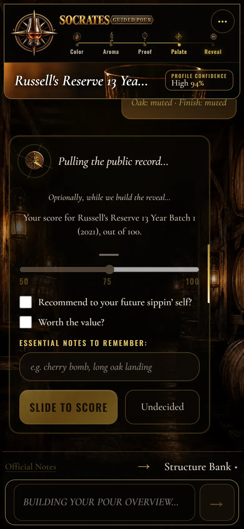 Building the reveal: the compass seeks while you score the pour out of 100 and jot essential notes
