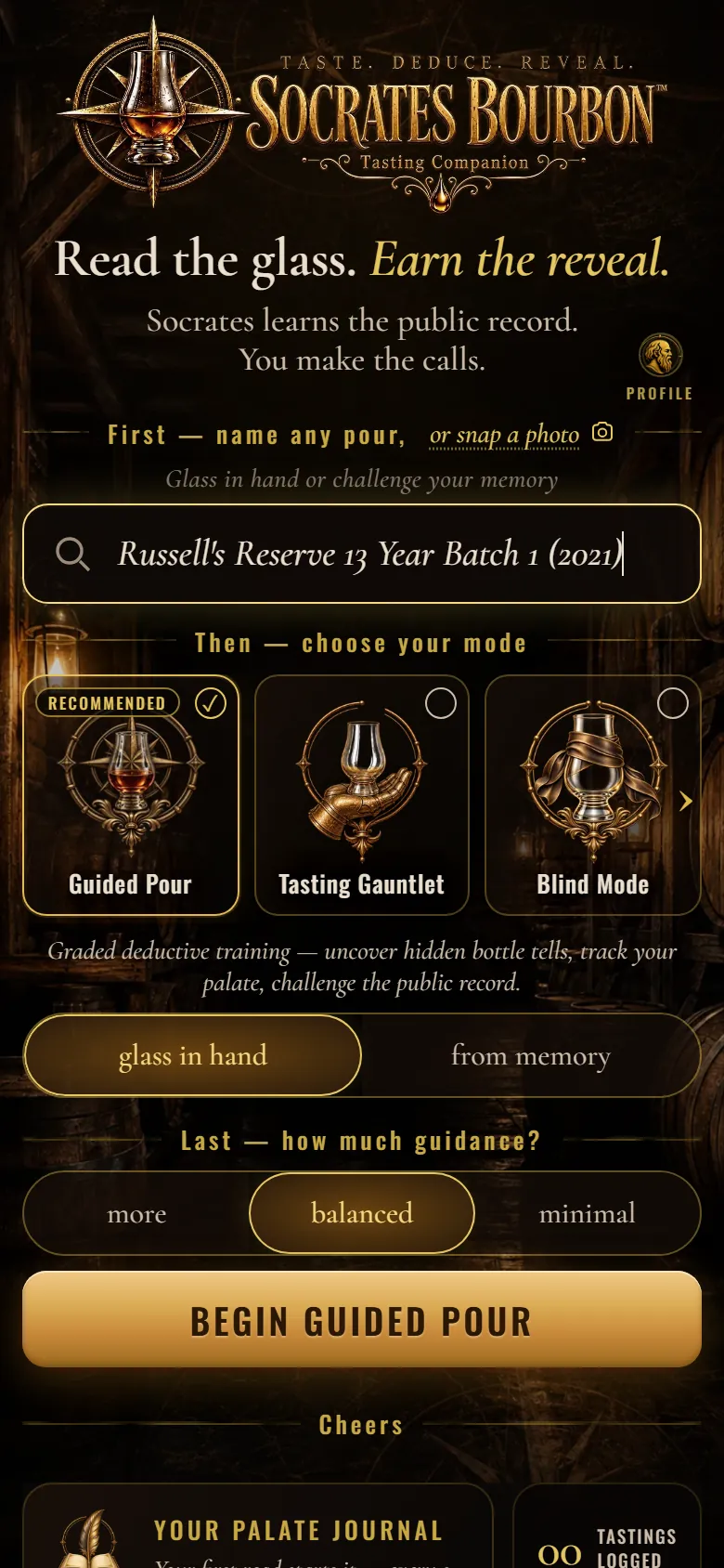 The start screen: the pour typed in, Guided Pour chosen, glass in hand or from memory, how much guidance